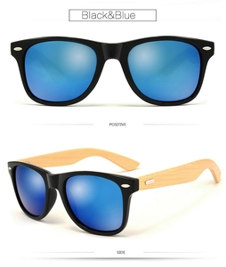 Front and side views of classic black sunglasses with blue mirrored lenses and bamboo temples