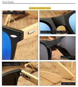 Detail of durable hinges and natural bamboo temples on these colorful lens sunglasses