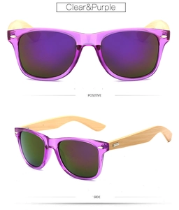 Detail view showing clear purple frame and natural bamboo temples on these sunglasses