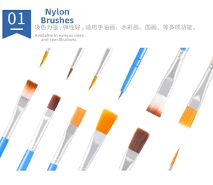 Detailed set of colorful nylon paint brushes with elastic bristles for oil and watercolor