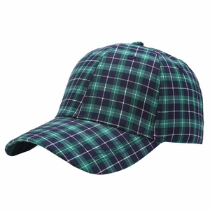 Klassische grün-blaue Karo-Baseballkappe aus Baumwolle mit gebogenem Schirm und 6-Panel-Design