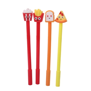 Set of 4 cute cartoon food gel pens featuring popcorn, fries, toast, and pizza toppers