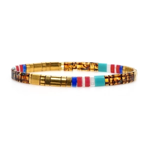 Bohemian colorful Tila bead bracelet with multi-color geometric enamel rectangular tiles