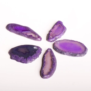 Five purple natural agate slices with unique textures and pre-drilled holes for DIY jewelry