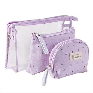 Three-piece purple transparent PVC makeup bag set for travel toiletries storage