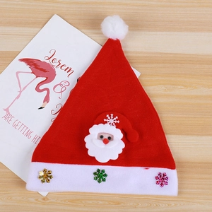 Red felt Christmas hat featuring a 3D Santa Claus applique and colorful sequin snowflakes