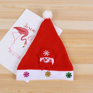 Festive red velvet Santa hat with a snowman patch and colorful sequin snowflakes