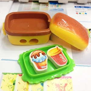 Cartoon hamburger pencil sharpener and soda eraser stationery set on a green tray