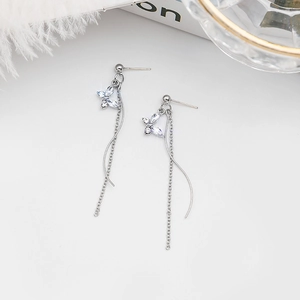 Sparkling crystal butterfly tassel earrings with 925 silver needles and long S-shape chains