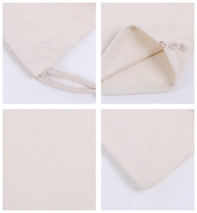 Detail shots of off-white canvas drawstring bag showing fabric texture and cotton rope cord