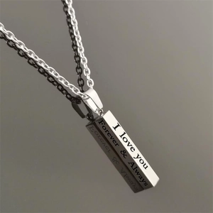 Polished stainless steel column necklace engraved with I love you Forever & Always