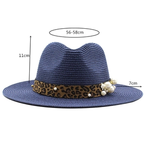 Navy blue straw hat with leopard band and side pearl flower detail, 56-58cm circumference