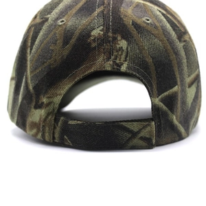 Detail view of adjustable velcro strap and camouflage pattern on the baseball cap back