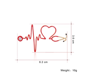 Detail view of heartbeat stethoscope brooch with dimensions of 6.2cm and weight of 10g