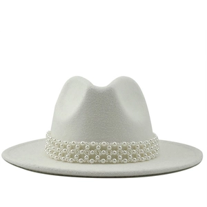 Elegant white wide brim wool fedora hat featuring a four-row pearl beaded band decoration