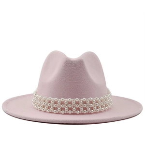 Elegant pink wide brim wool felt fedora hat decorated with multi-layer pearl bead band