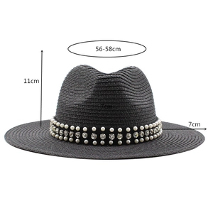 Détail du chapeau en paille noir avec bandeau en perles et strass et dimensions