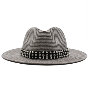 Chapeau de paille Fedora gris élégant avec ruban de perles et strass pour femme en plein air