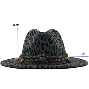 Detail view of grey leopard print fedora hat showing 7cm brim and 12cm height dimensions