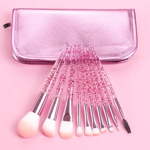 Pink glitter makeup brush set with 10 pieces and metallic pink storage bag