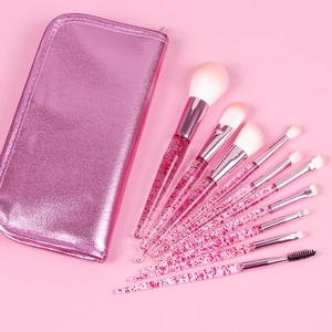 Pink glitter makeup brush set including ten pieces and a glossy pink storage pouch