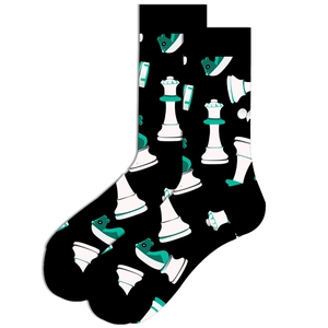 Detail of crew socks featuring a black base with white and teal chess piece prints