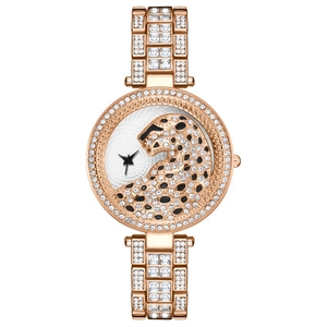 Classic rose gold ladies' steel watch featuring full diamond setting and leopard head dial