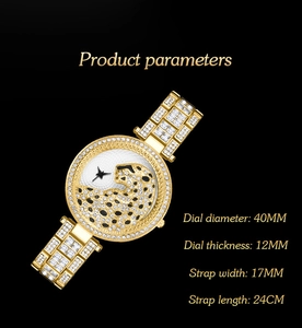 Detailed size specifications for a gold leopard dial luxury watch with crystals