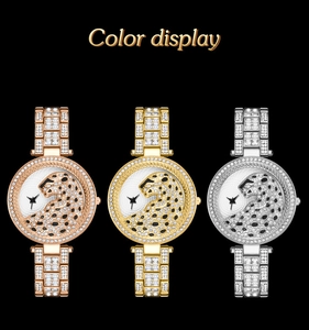 Three luxury quartz watches in rose gold, gold, and silver with diamond panther dials