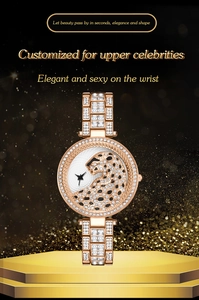Detail of rose gold ladies' watch featuring a sparkling leopard head dial and crystal band