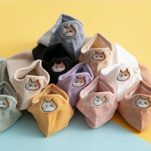 Colorful cotton ankle socks featuring cute cartoon cat embroidery at the heel collar