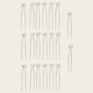 Set of 20 elegant silver bridal hair pins with white artificial pearls on a clean background