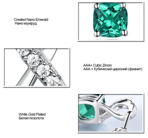Macro detail of S925 silver emerald drop earrings featuring square-cut gems and 925 hallmarks