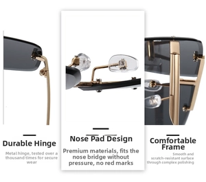 Detail of durable golden metal hinges and comfortable silicone nose pads on rimless sunglasses