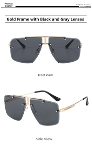 Detail view of gold metal frame and dark grey lenses on oversized rimless sunglasses