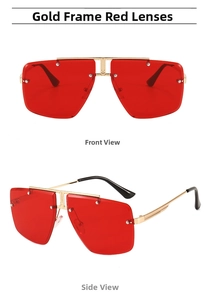 Close-up of rimless square sunglasses with red lenses and gold metal frame from two angles