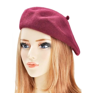 Classic wine red cashmere-like wool beret hat for women with round crown and top stem
