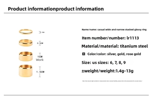 Detail chart showing gold titanium steel rings in four different widths from 2mm to 15mm
