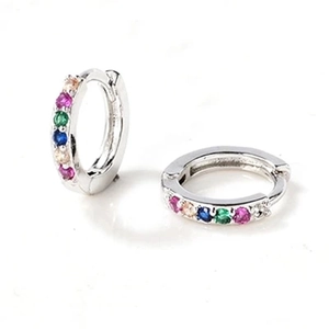 S925 silver hoop earrings featuring a single row of vibrant multicolored zircon crystals