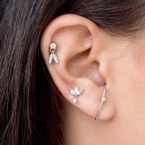 S925 silver leaf stud earrings set with sparkling zircon for women on model