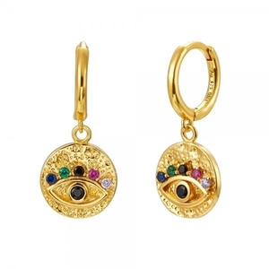 925 Sterling Silver Earring Post Copper Evil Eye Hoop Earrings Colorful Zirconia Round Dangle Earrings Fashion Jewelry Women