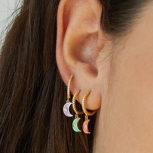 S925 silver needle gold moon drop earrings with zircon and colorful drip oil pendants