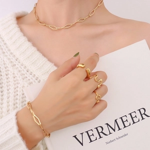 Minimalist 18K gold plated titanium steel necklace bracelet and ring set for women