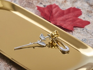 Detail of a two-tone rose and safety pin earring on a reflective gold jewelry tray