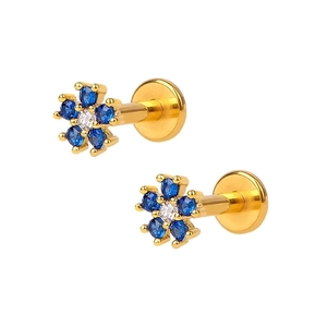 Detailed close-up of S925 silver flower labret studs with blue and white zircon stones