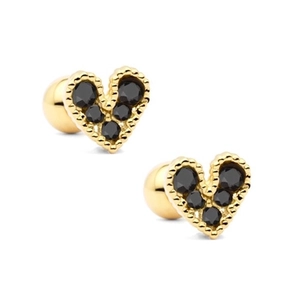S925 silver gold-plated heart stud earrings with black crystals and ball back closure