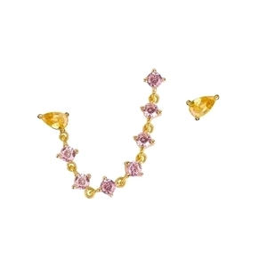 S925 silver chain earrings set with pink round zircon and yellow teardrop stones