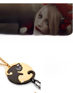 Détail d'un pendentif chat en acier inoxydable 316L avec motif de chatons bicolores