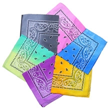 Colorful paisley skull bandanas in gray, pink, blue, and yellow arranged in a fan shape