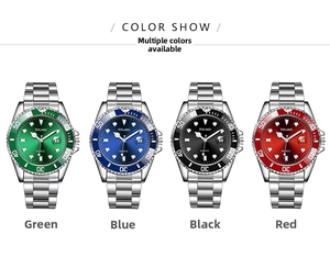 Detailed view of quartet YOLAKO quartz watches in green, blue, black, and red finishes